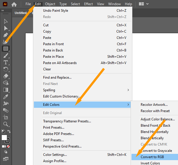 Convert to RGB option in Adobe Illustrator