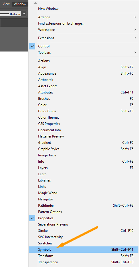 Windows menu and Symbols option