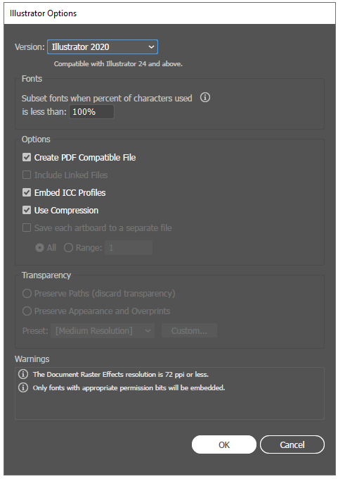 Illustrator options