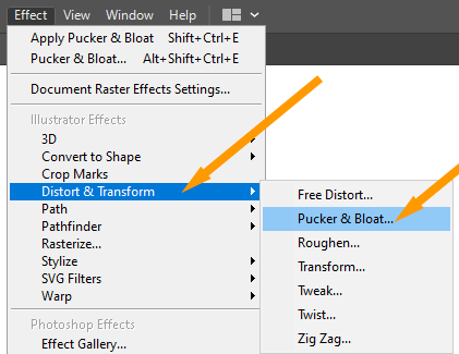 Pucker & Bloat option in Distort & Transform option under Effect menu