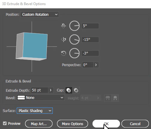 3D Extrude & Bevel Options panel