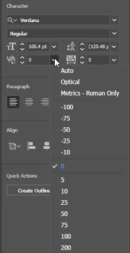 Select Kerning Value from list