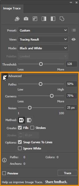 Advance Settings in Image Trace panel