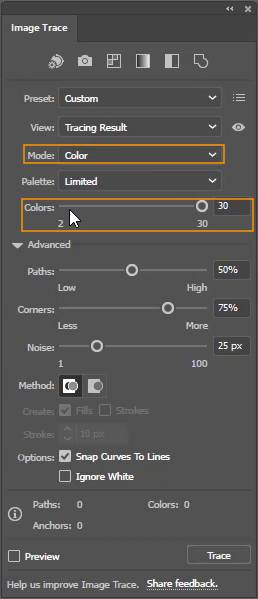 Colors settings for Image Trace