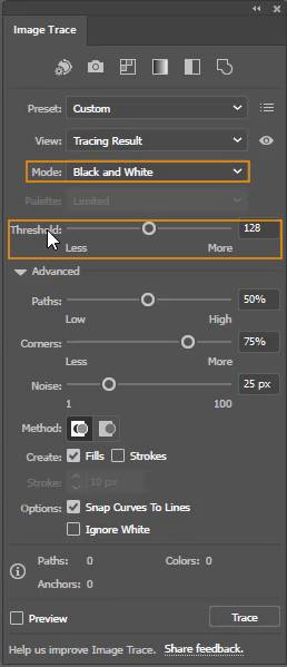 Threshold Settings in Image Trace panel