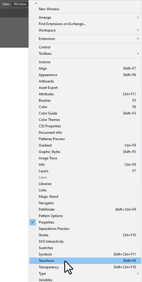 Transform option under Window menu