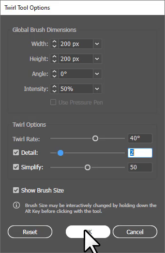 Twirl Tool Options in Illustrator