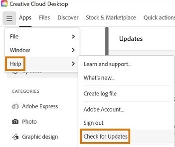 Check for Updates option in Creative Cloud Desktop App